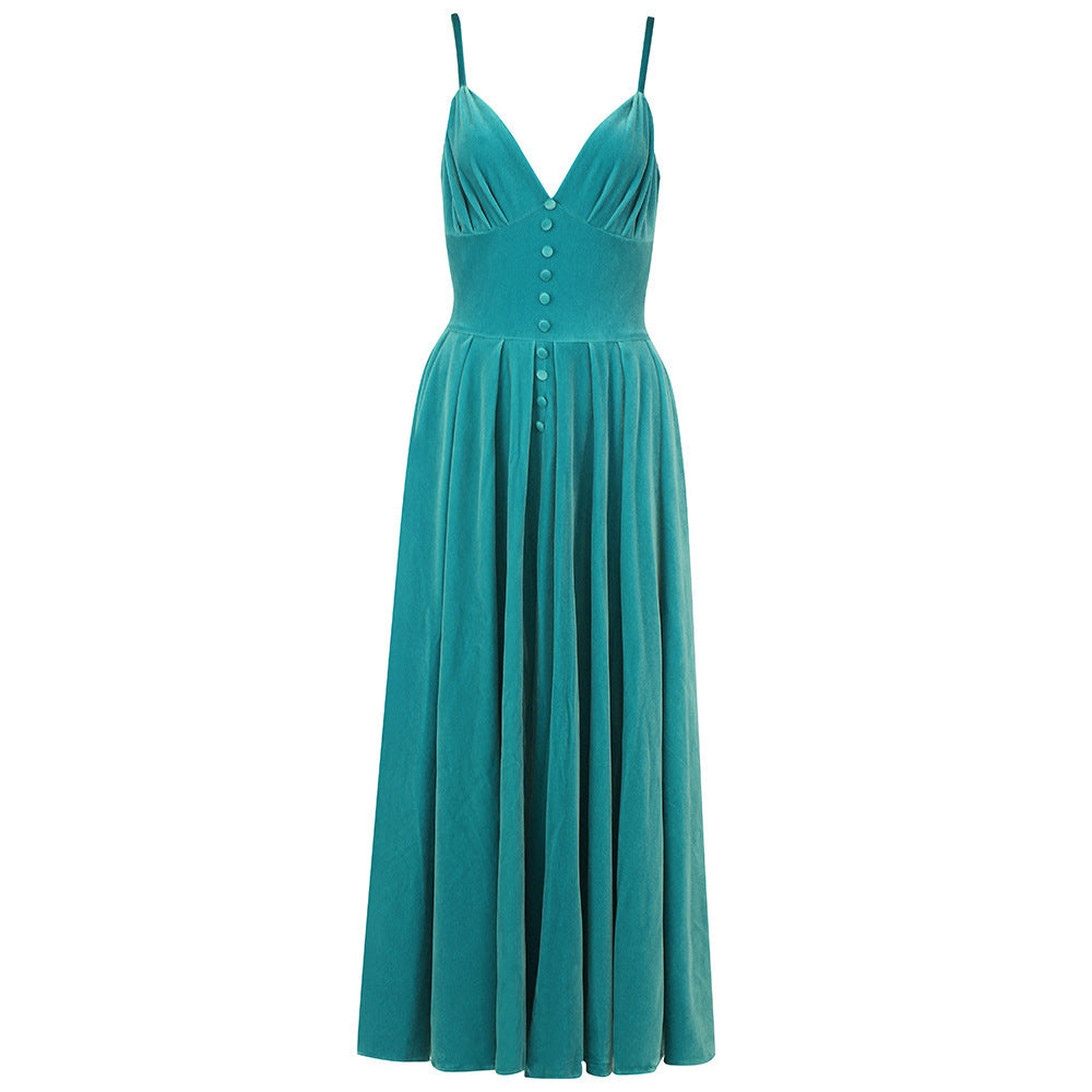 Summer Simple Retro Spaghetti Straps Backless Velvet Long Slim a Line Dinner Dress