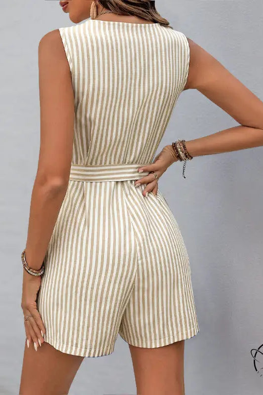 Beautiful summer jumpsuit: sleeveless striped romper with tie waist