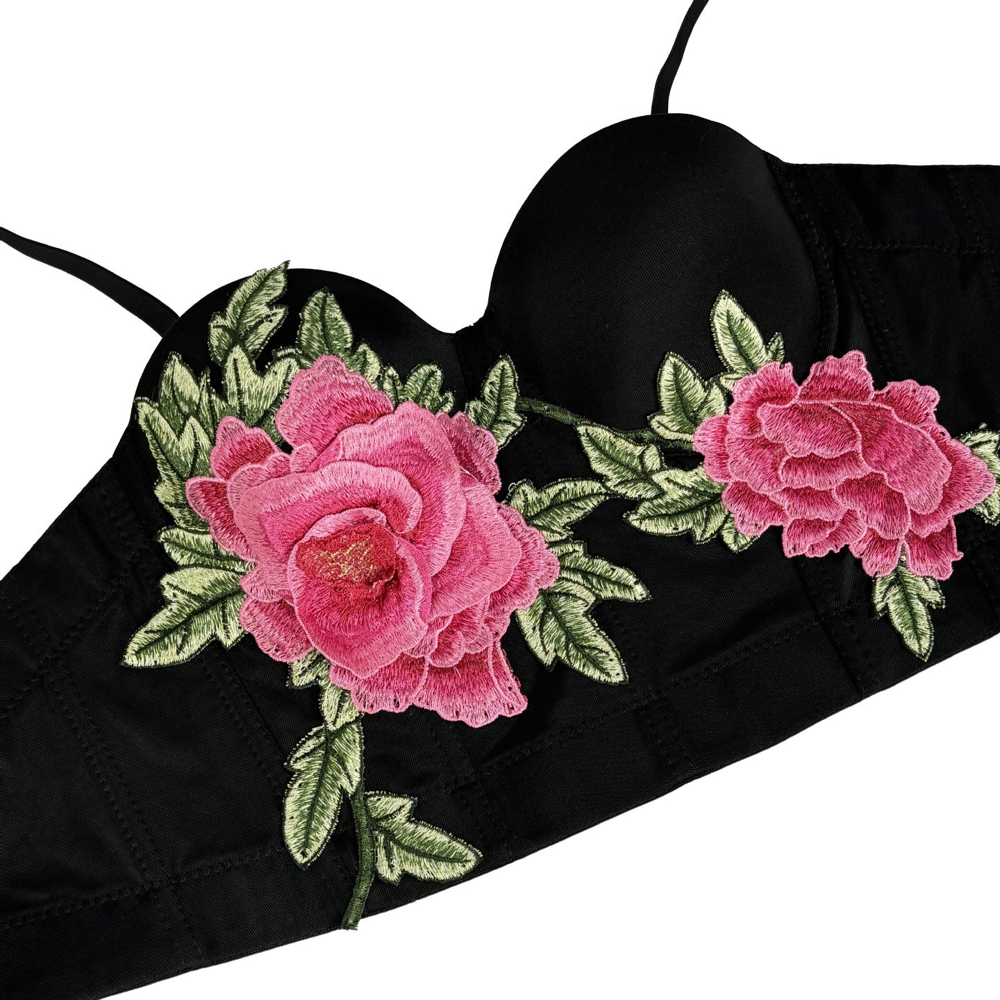 Embroidered floral short boning corset in black with pink rose and green leaves