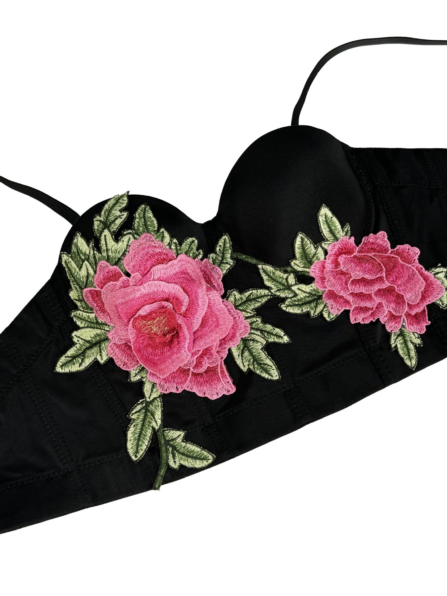 Embroidered floral short boning corset in black with pink rose and green leaves