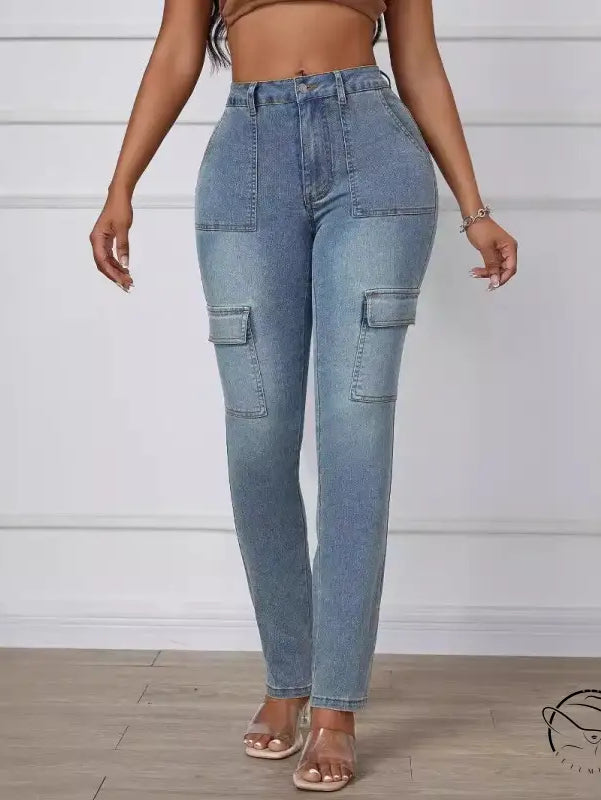 Light-wash straight skinny jeans with cargo side pockets