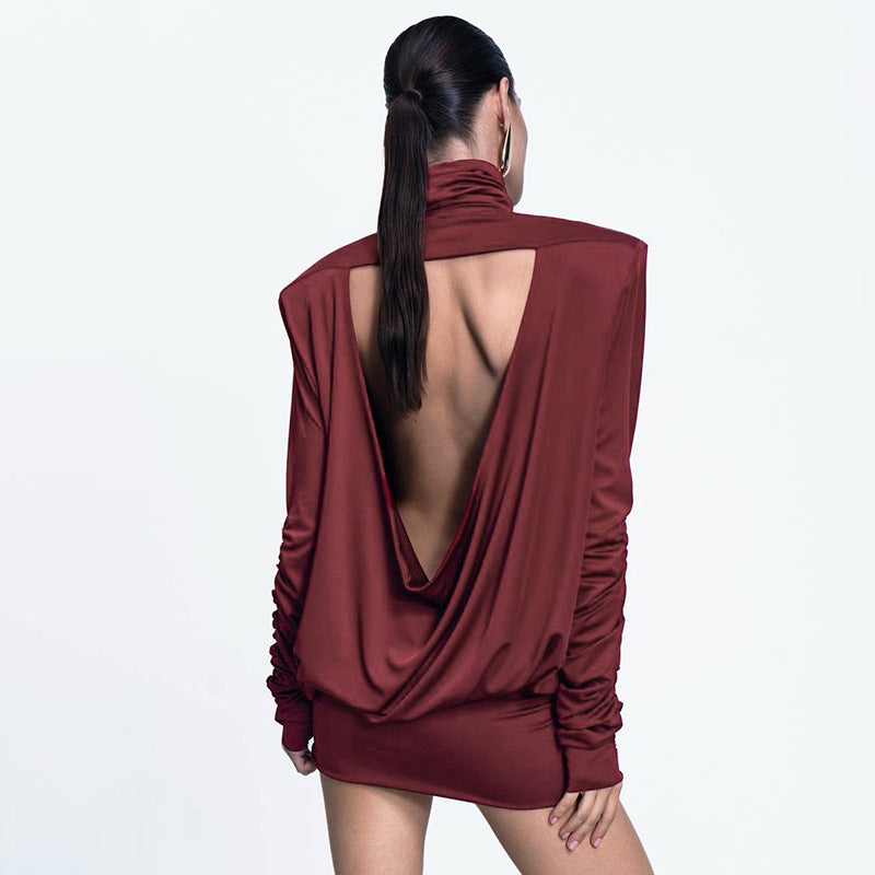 Burgundy open-back dress from Loose Pleated Cute Backless Dress collection, fashionable ملابس