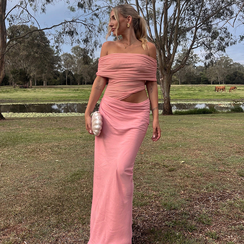Pink off-shoulder fitted evening gown features ruched bodice, ideal maxi dress for elegant fashion