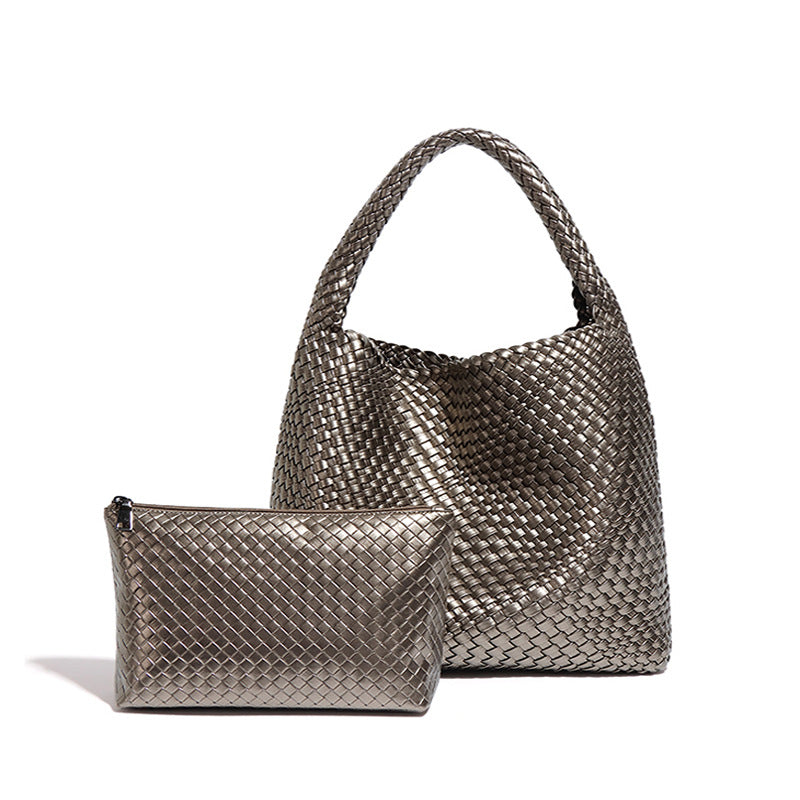 Woven metallic handbag and matching pouch, perfect for stylish fashion ensembles