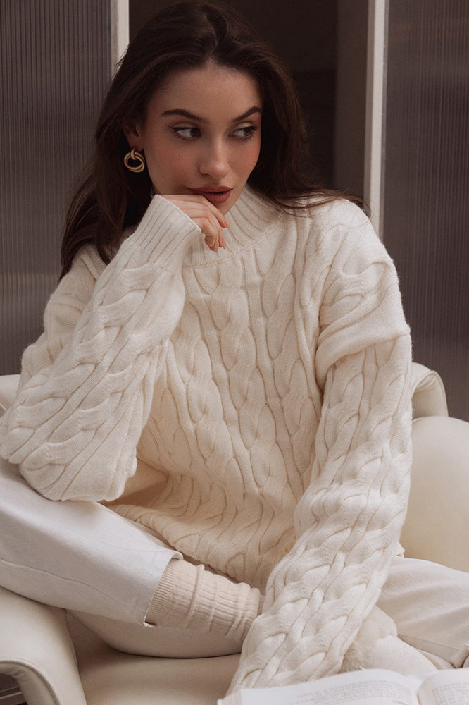 Luxury cream cable knit sweater with ribbed cuffs, Langry fashion apparel