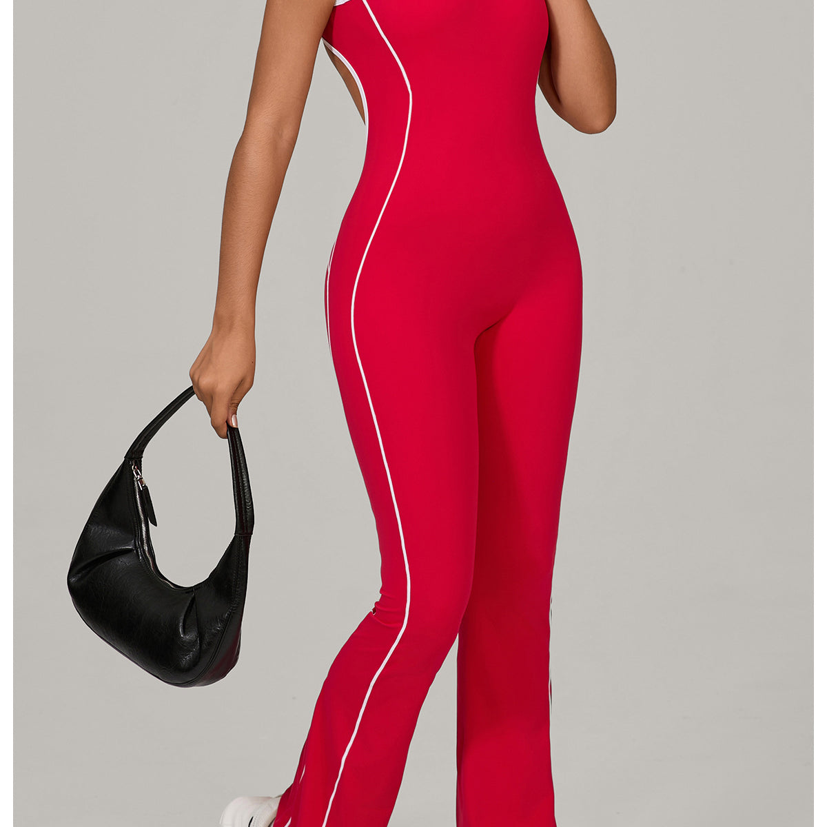 Red and white Nike Beauty Back Yoga Jumpsuit with contrast stitching