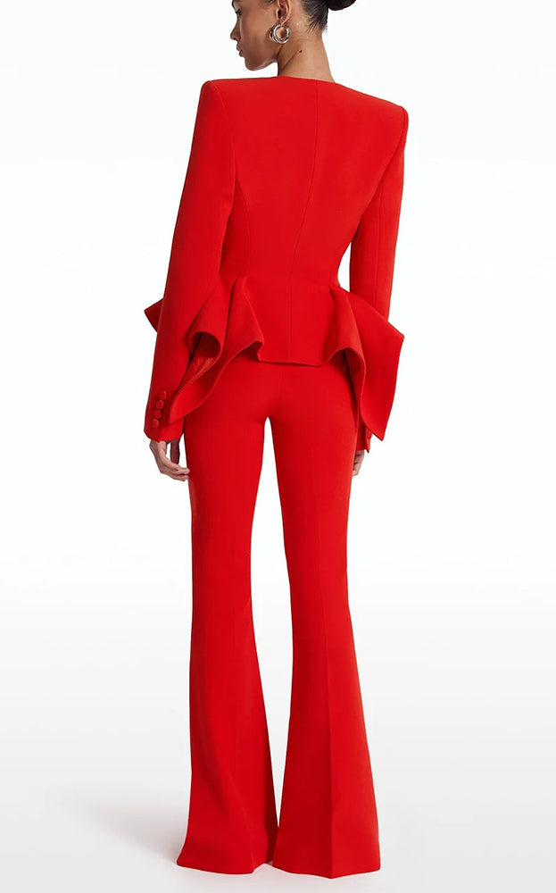 Red ruffled sleeve langry fashion jumpsuit with flared pants and bootcut set