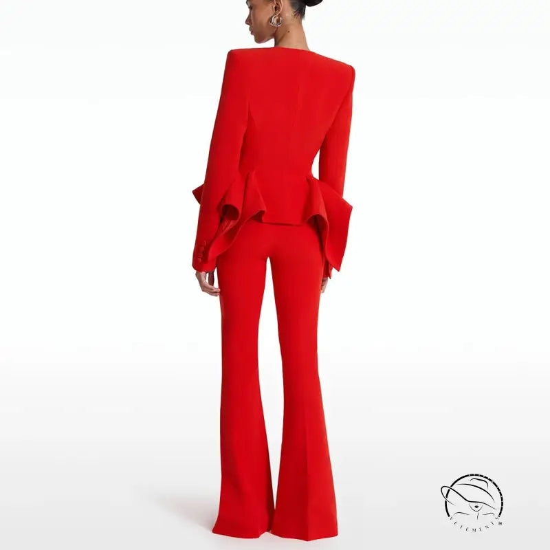 Red ruffled sleeve langry fashion jumpsuit with flared pants and bootcut set