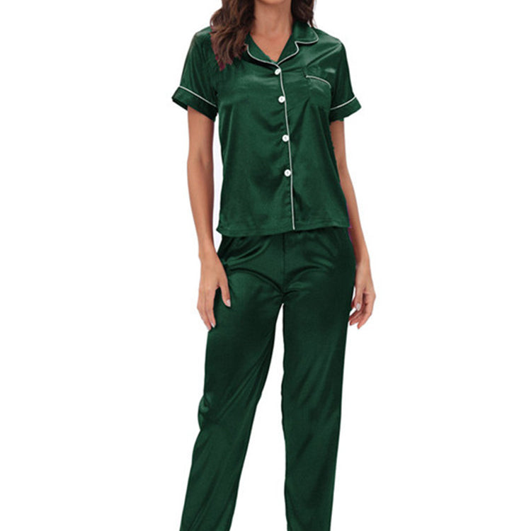 Green langry satin pajamas set with white piping and button front