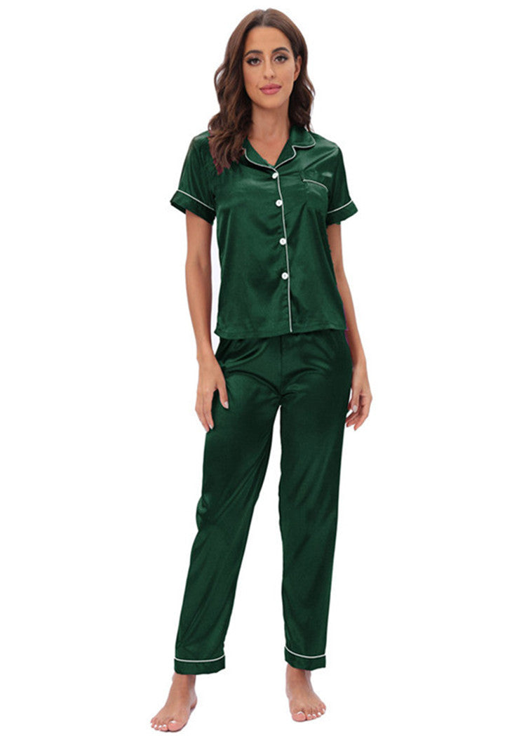 Green langry satin pajamas set with white piping and button front