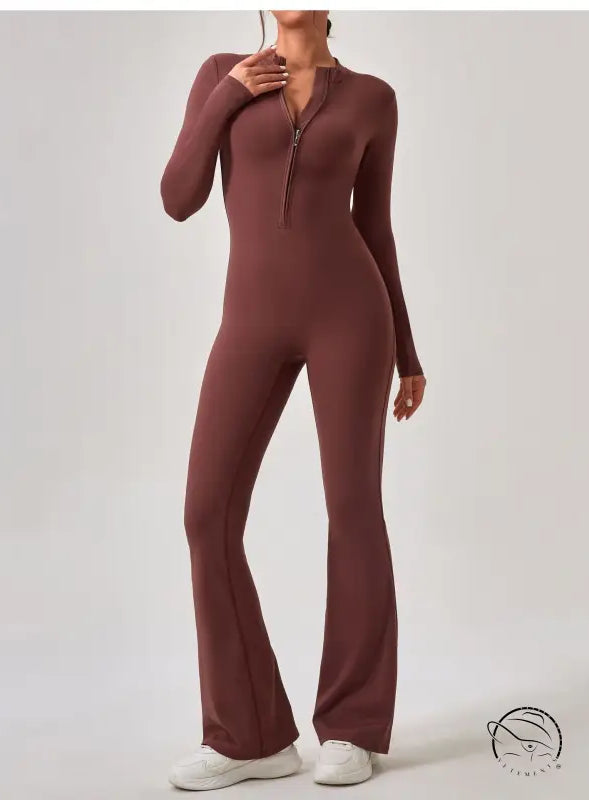 Brown long-sleeved zip-front jumpsuit in comfy one piece sportswear fashion