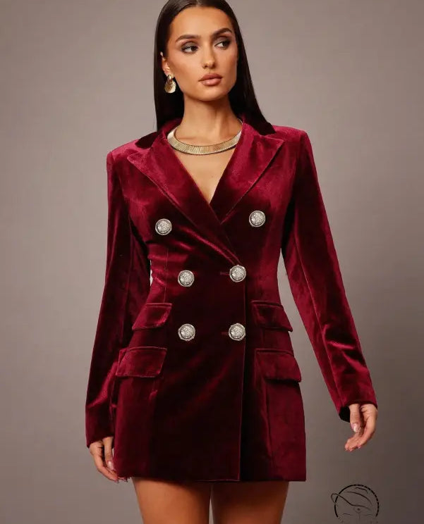 Elegant burgundy velvet slim business blazer in langry fashion ملابس
