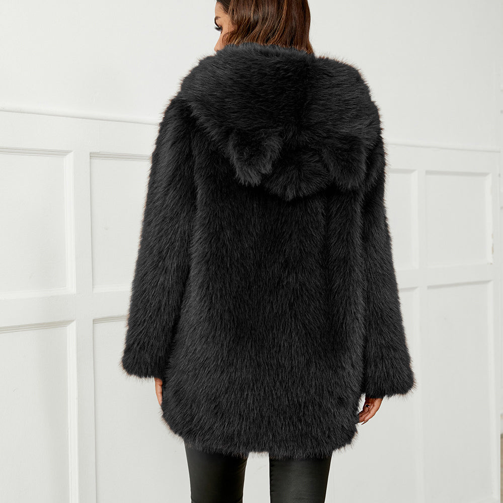 Langry hooded faux fur coat with button closure in black fashion