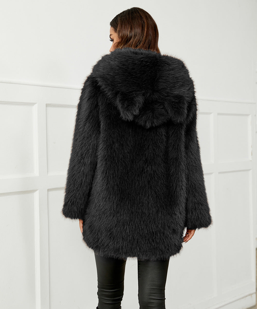 Langry hooded faux fur coat with button closure in black fashion