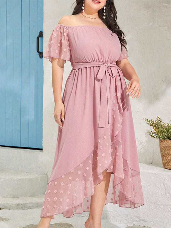 Beautiful off Shoulder Dress featuring a pink maxi style with tie-waist and ruffled high-low hem, perfect for fashion and ملابس