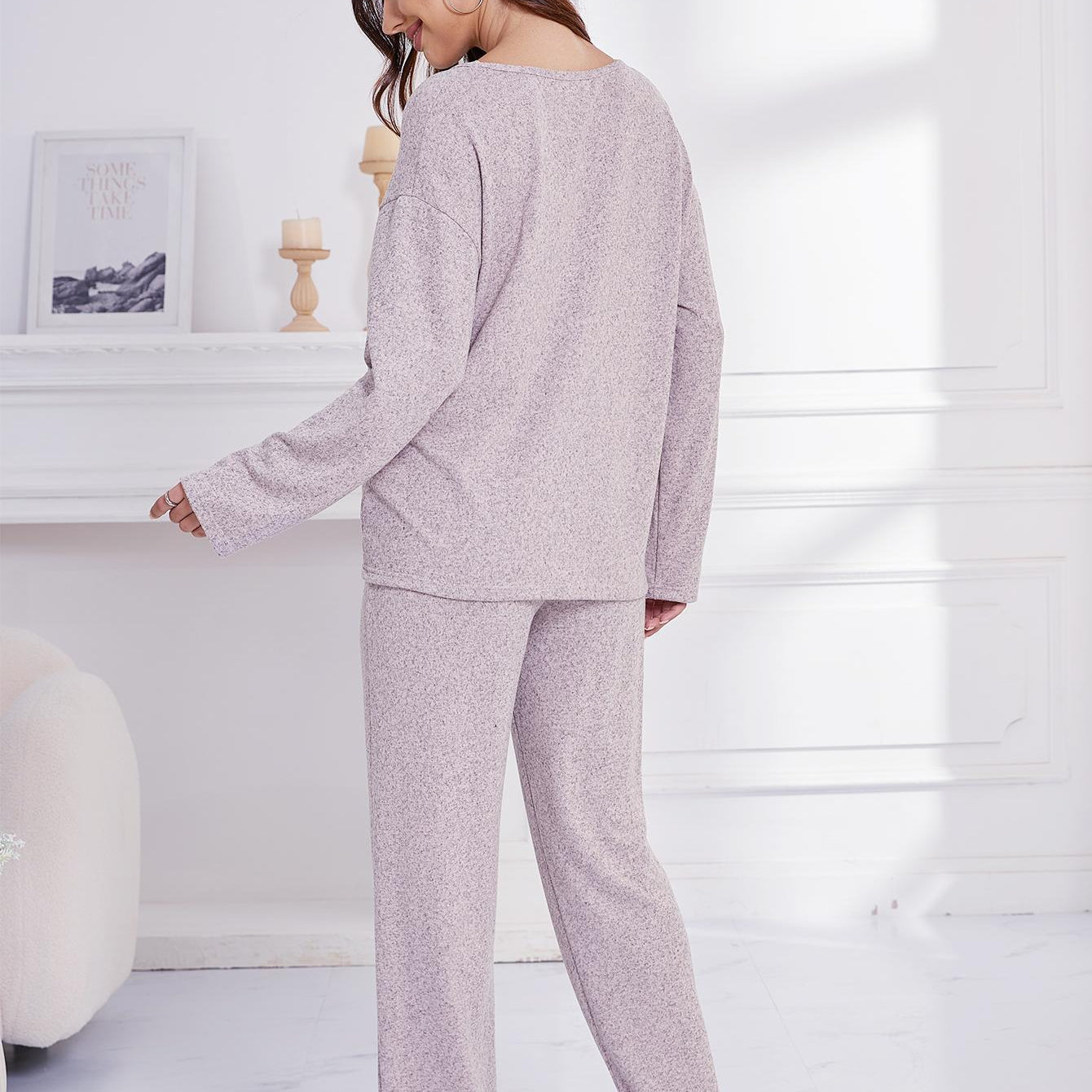 Dusty pink textured knit pajama set ideal for winter outerwear loose sports casual wear