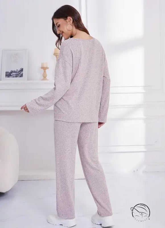 Dusty pink textured knit pajama set in winter outerwear loose style