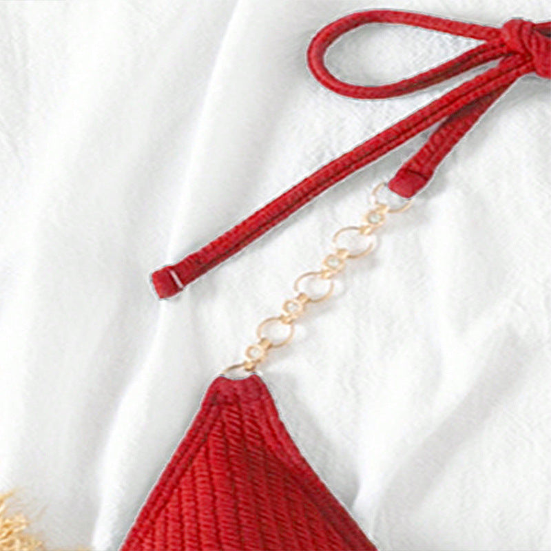 Red knit bikini top with gold chain detail from Chain on Neck Bikini Swimsuit for women beach spring
