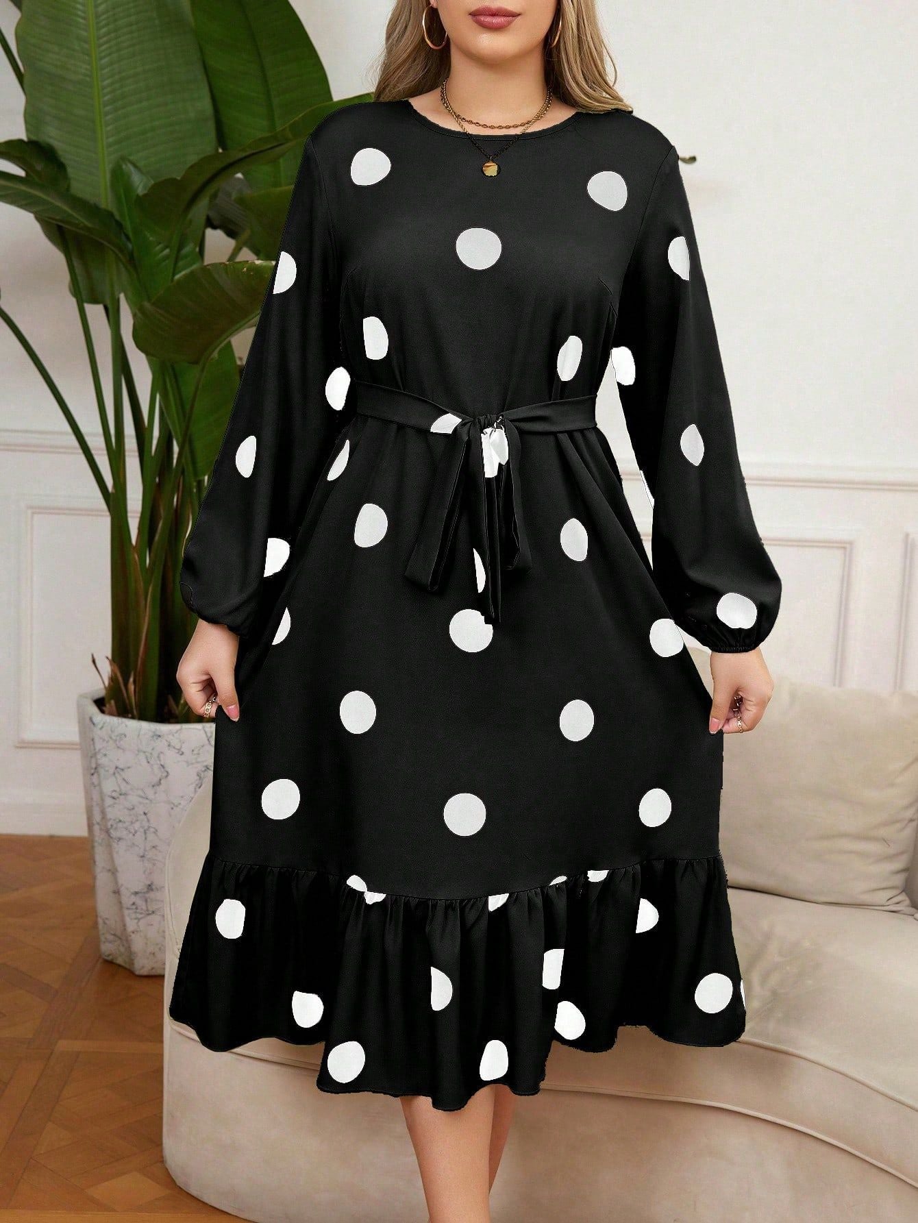 Black polka dot Lotus Leaf Dress with hem lotus leaf detail and long balloon sleeves
