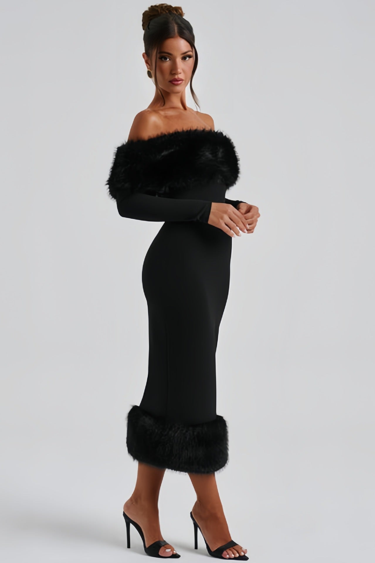 Langry enchanting fur trim black off-shoulder slim fit evening dress with high heels