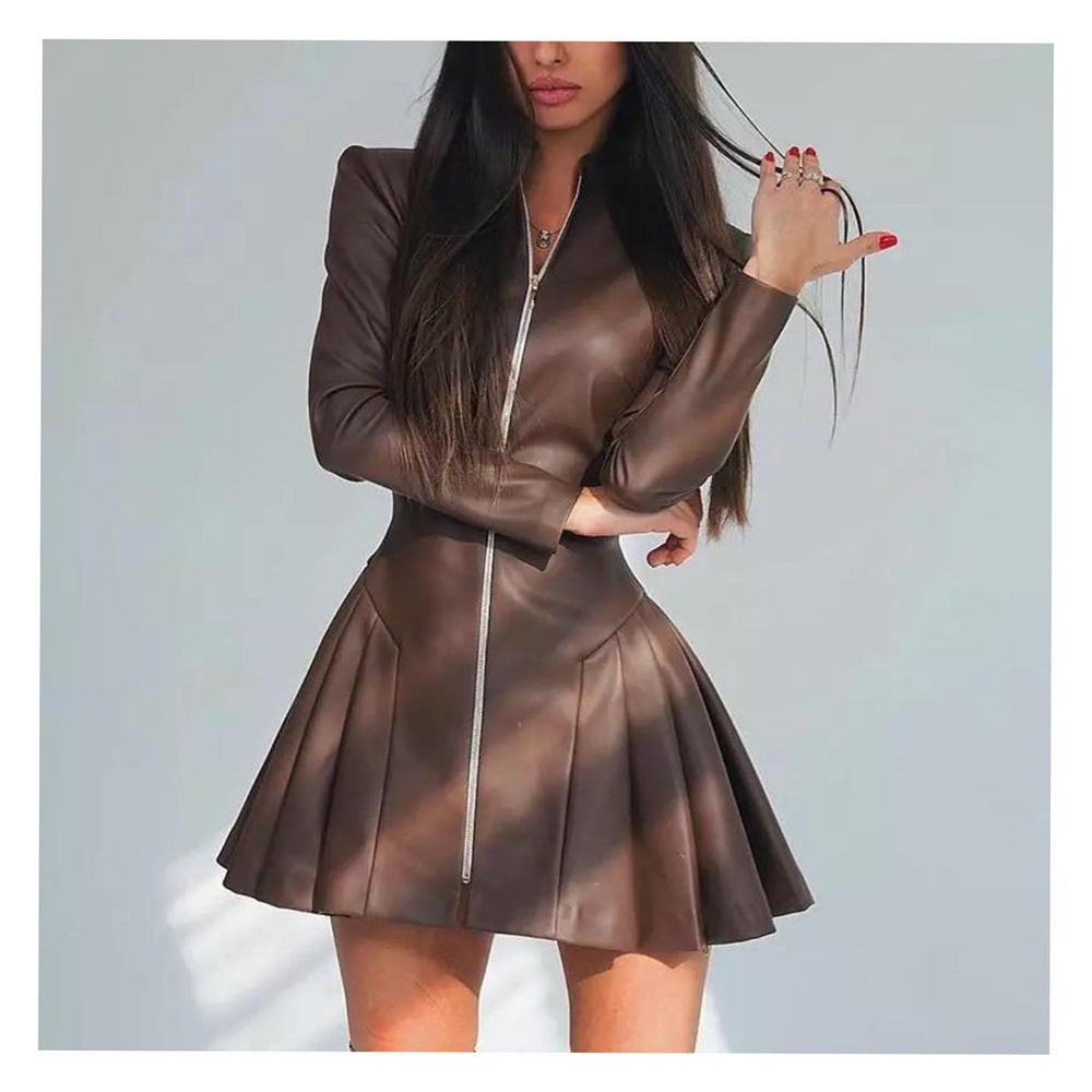 Brown leather zip-up dress for a fashionable and langry faux leather fashion statement