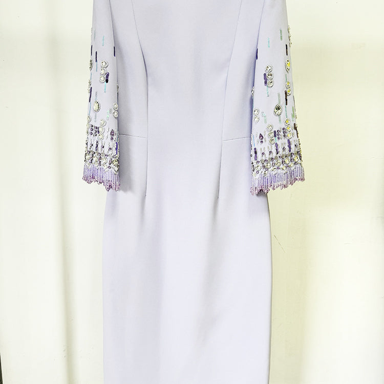 Lavender sheath dress with embellished sleeves from Diamond Embedded Mid Length Dress collection