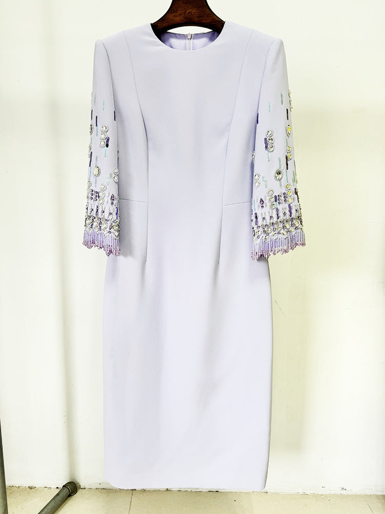 Lavender sheath dress with embellished sleeves from Diamond Embedded Mid Length Dress collection