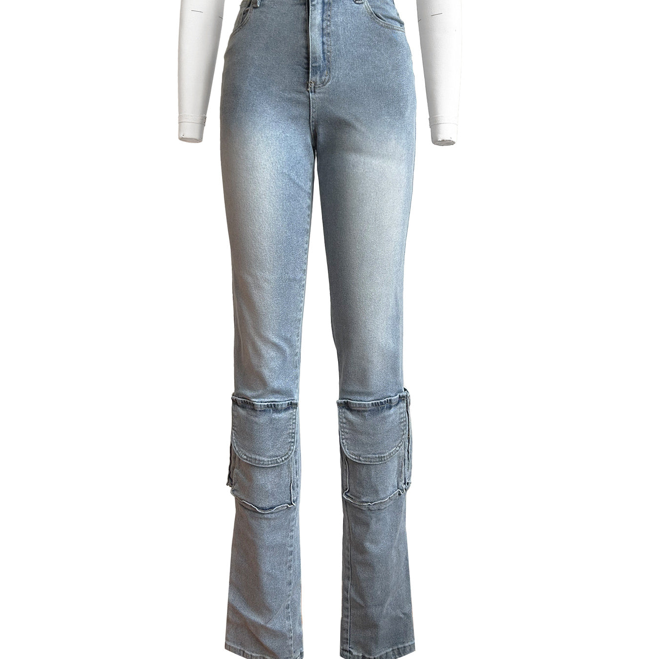 Light wash high-waisted denim trousers with layered detailing for stylish langry fashion