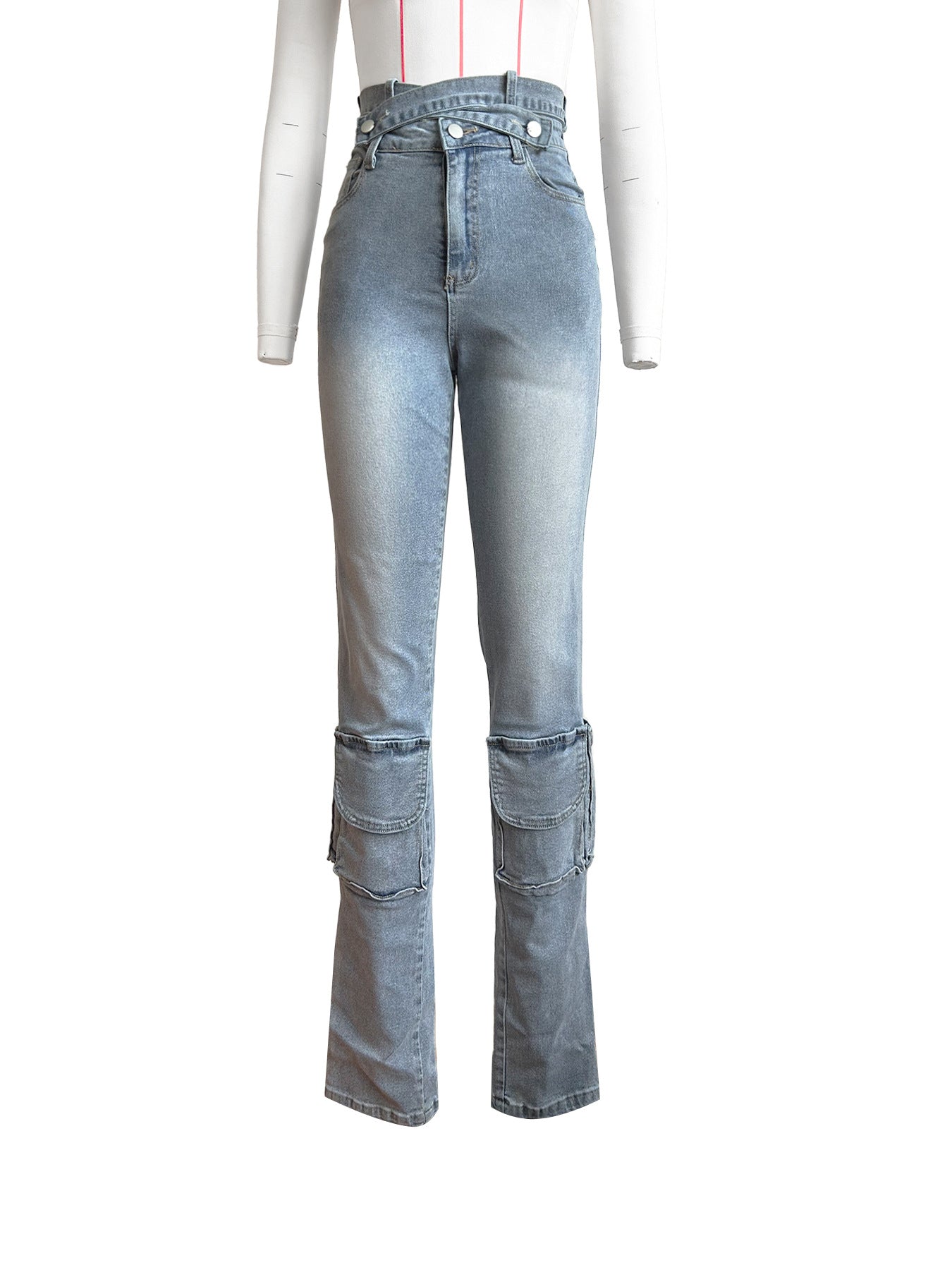Light wash high-waisted denim trousers with layered detailing for stylish langry fashion