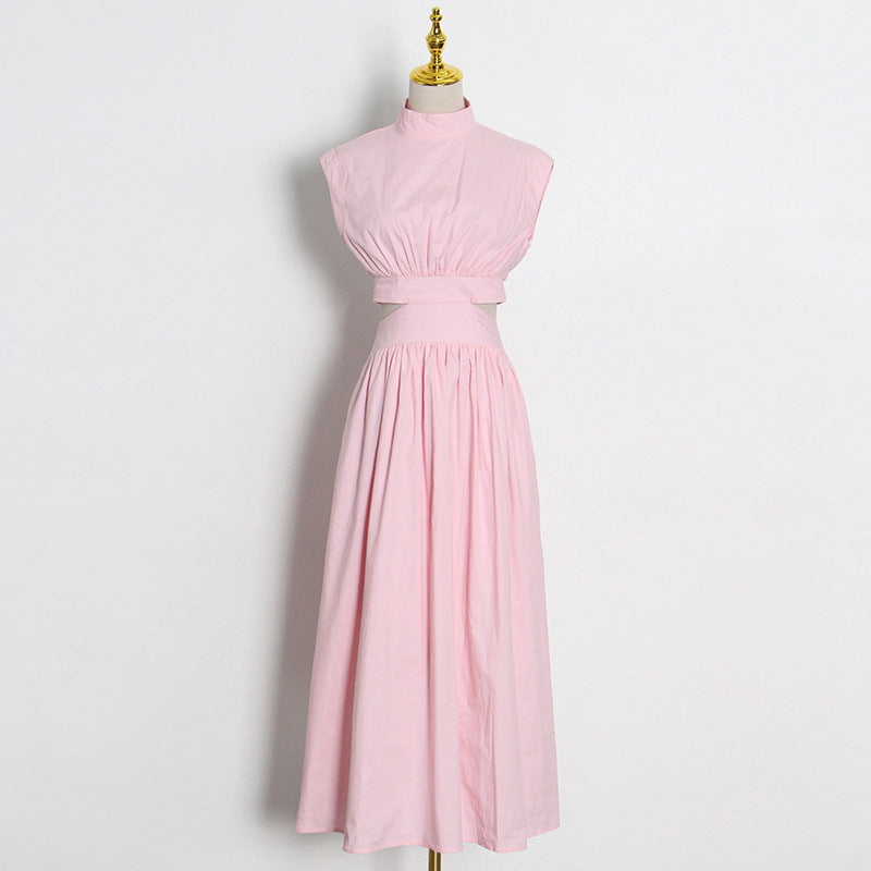 Pink sleeveless midi vacation dress with stand collar, ideal for stylish summer outings