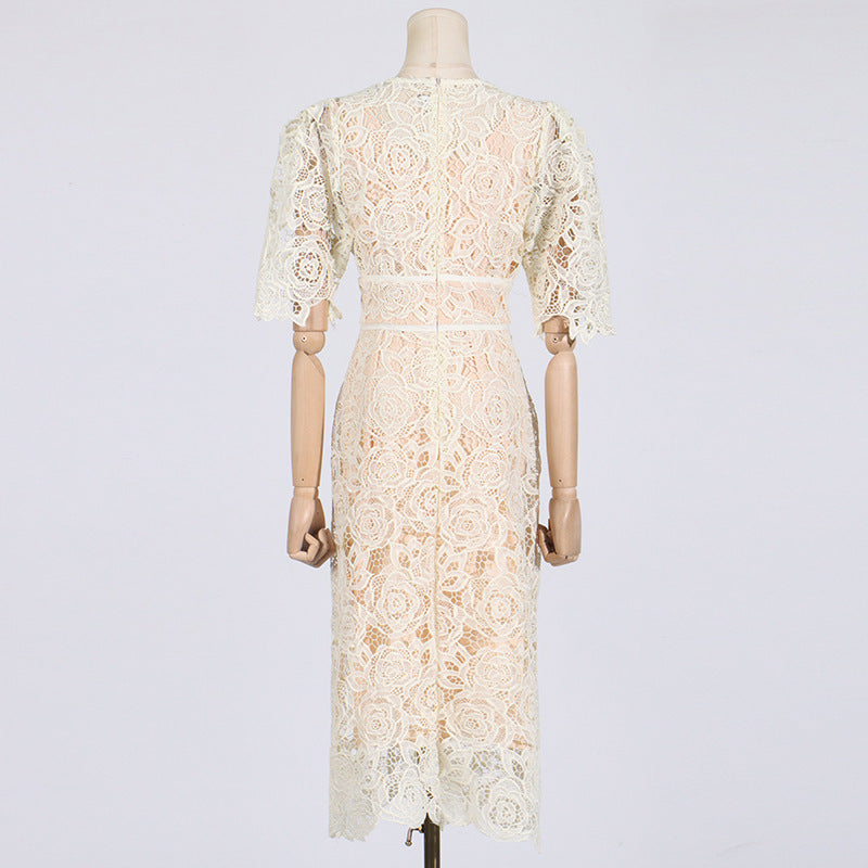 Cream-colored lace short sleeve dress featuring elegant midi length for summer fashion
