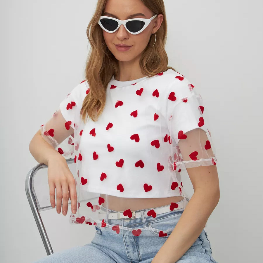 Elegant Faux Two Piece Cotton Short Top featuring a white mesh design with heart pattern