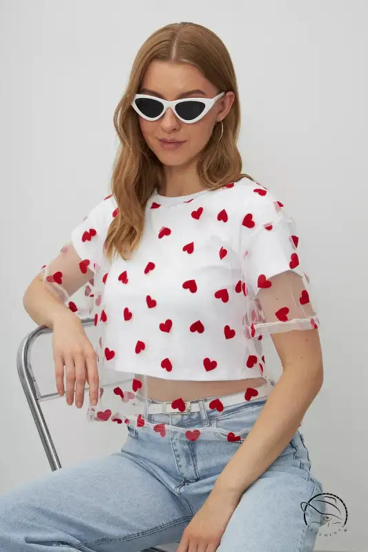 Elegant faux cotton short top with white mesh, red heart pattern, sheer puff sleeves