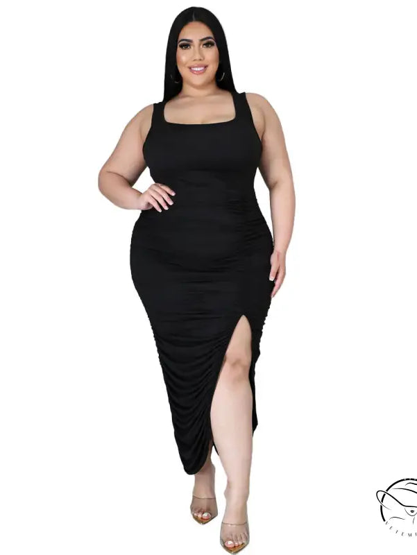Black summer slim fit fold split midi dress with thigh-high slit