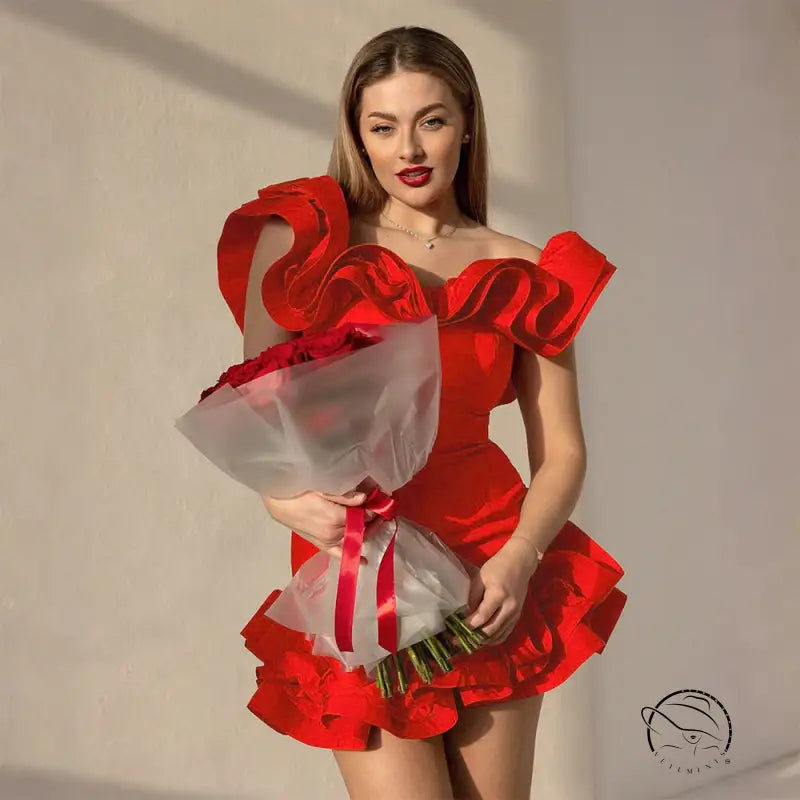 Red slim fit off-shoulder satin dress with ruffles and bow