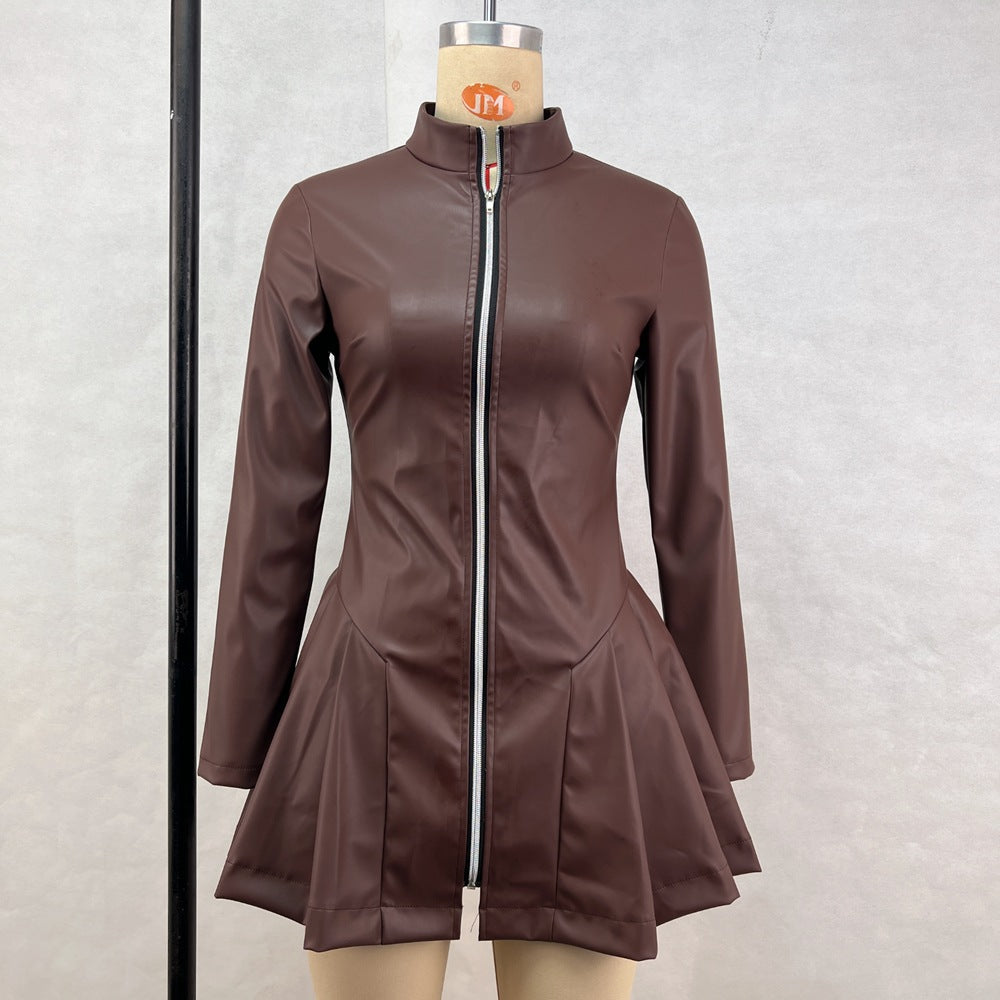 Brown faux leather dress with zipper for fashionable and stylish langry fashion looks