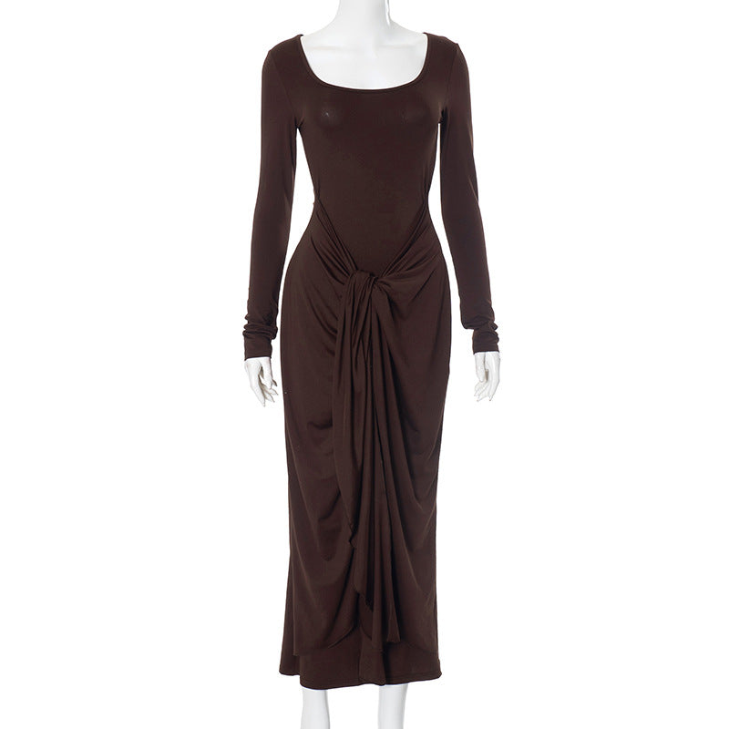 Long-sleeved brown jersey Elegant Sheath Dress featuring gathered waist detail for stylish fashion
