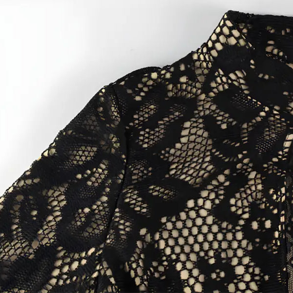 Elegant slim fit dress in black lace floral fabric from Langry fashion ملابس