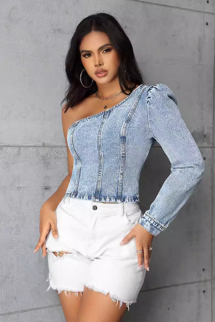 Women slim denim top with one-shoulder design and long puff sleeve for stylish women