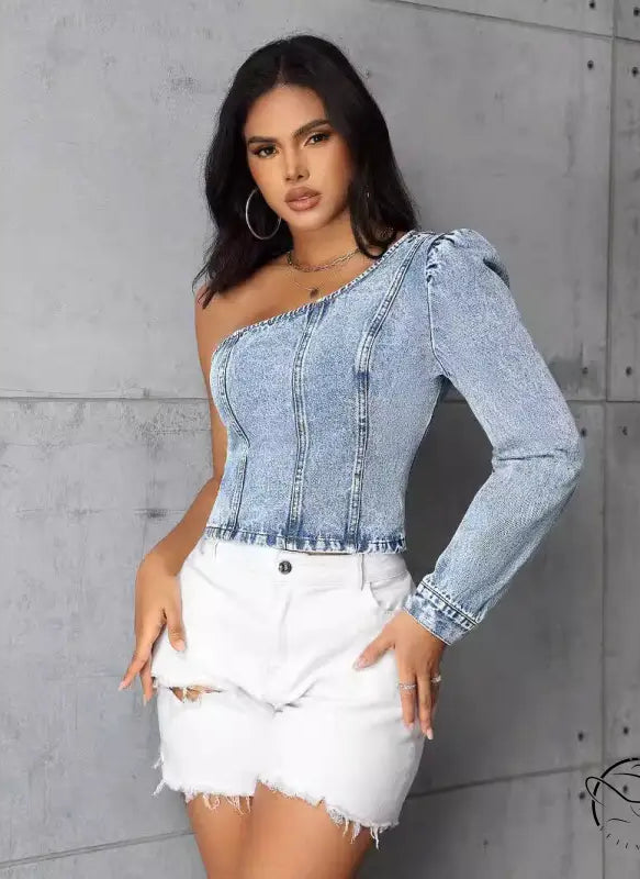 Women’s slim denim one-shoulder top with puff sleeve and distressed shorts