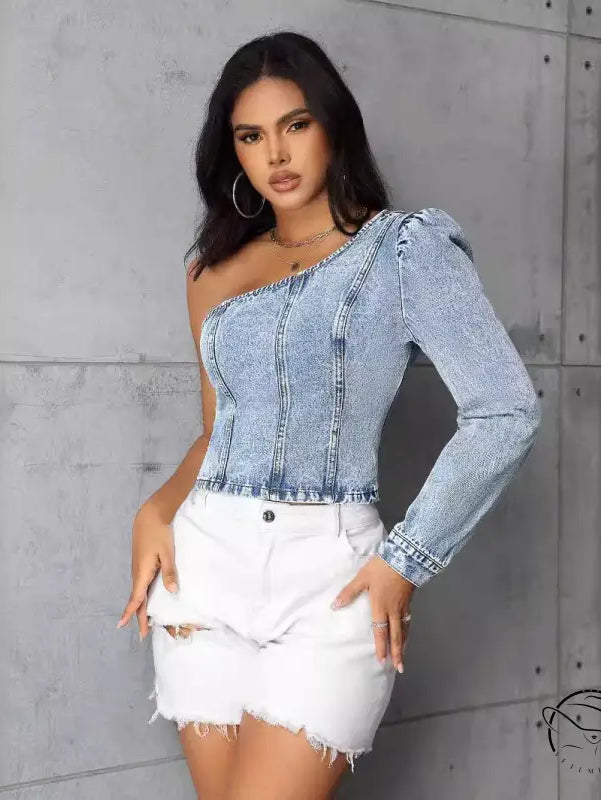 Women’s slim denim one-shoulder top with puff sleeve and distressed shorts