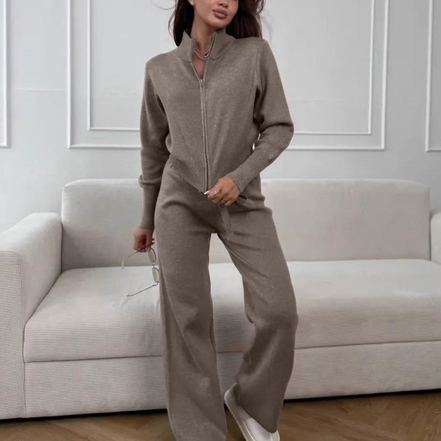 Langry fashion beige zip-up jumpsuit with white sneakers, minimalist ملابس design