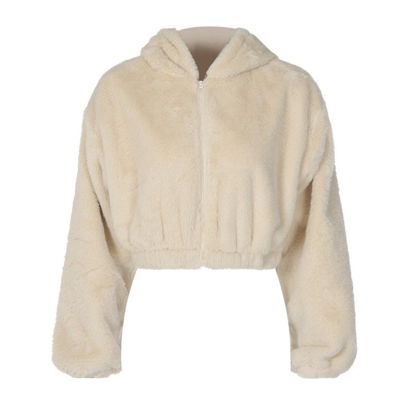 Cream-colored faux fur hooded jacket from the Plush Long Hooded collection
