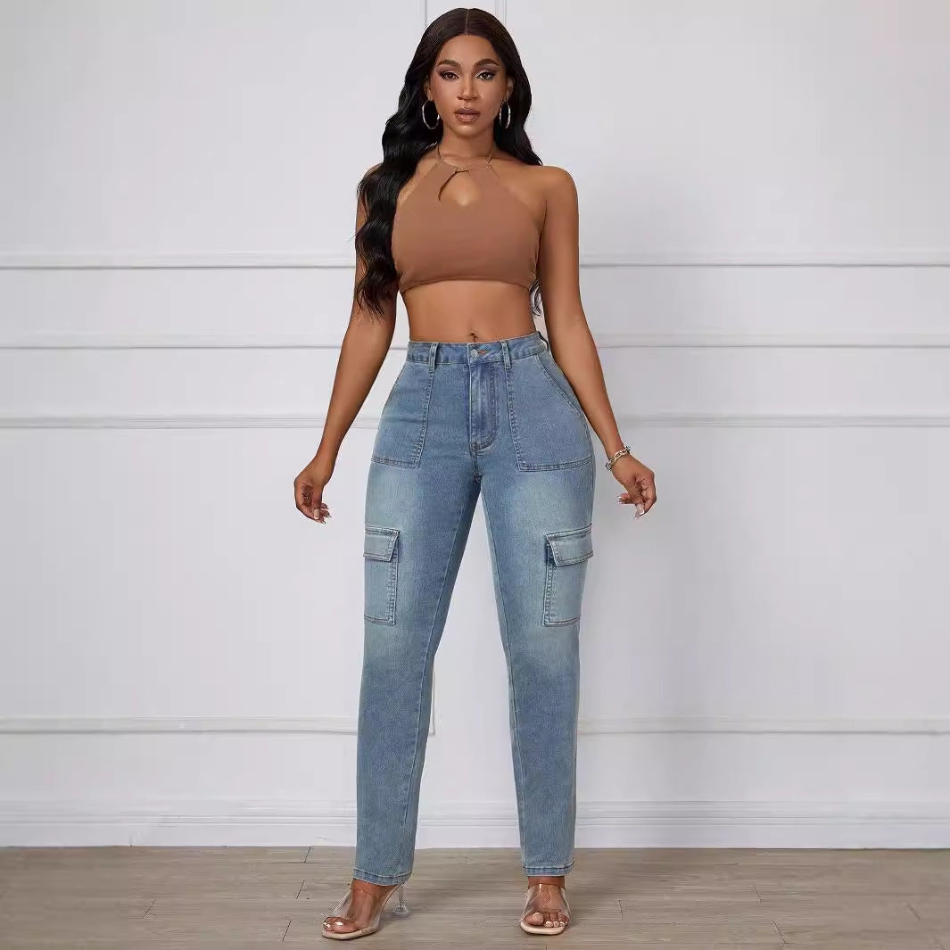 Light wash blue cargo jeans paired with a brown one-shoulder crop top, ideal as straight skinny jeans fashion