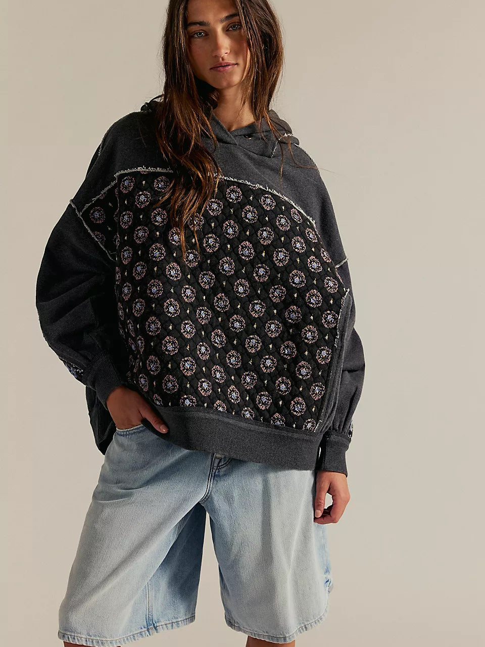 Charcoal gray oversized Langry fashion hoodie with black bandana print