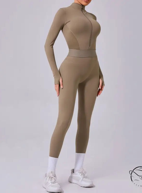 Olive-green comfy mesh stitching fitness jumpsuit by Langry fashion