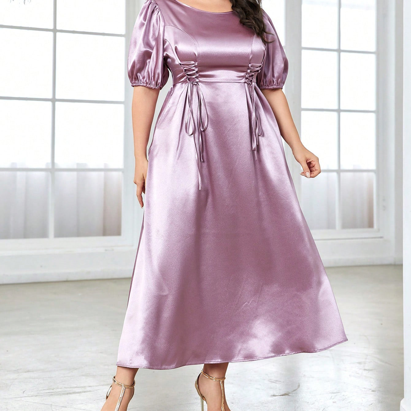 Elegant lilac satin midi dress from Cute Short Sleeve Long Pattern Dress collection showcasing fashionable ملابس