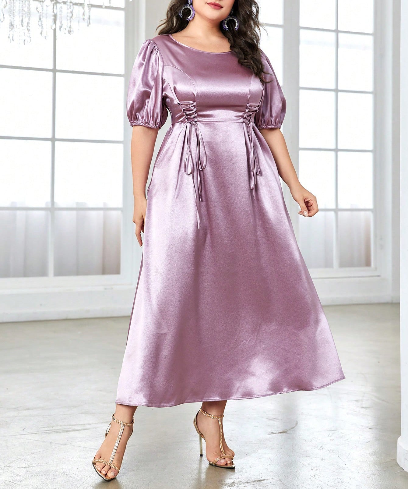 Elegant lilac satin midi dress from Cute Short Sleeve Long Pattern Dress collection showcasing fashionable ملابس