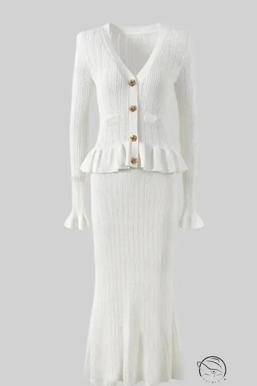 Elegant classic dress and skirt set in white ribbed knit
