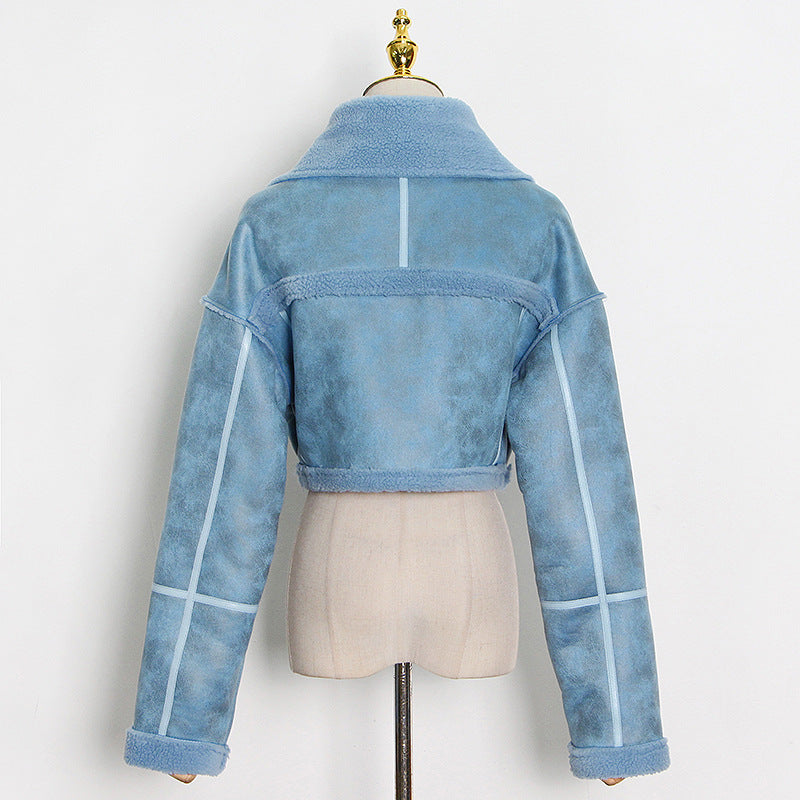 Blue faux suede cropped jacket for women, in fashionable lamb wool coat style